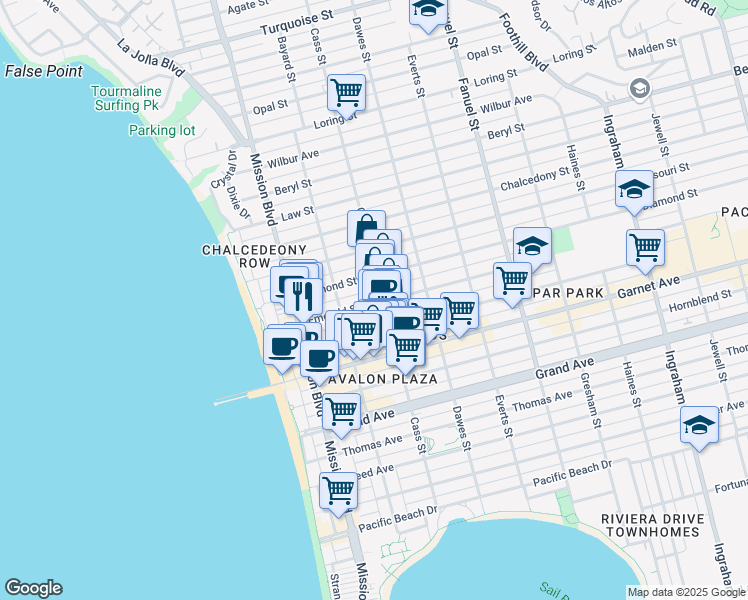 map of restaurants, bars, coffee shops, grocery stores, and more near 930 Emerald Street in San Diego