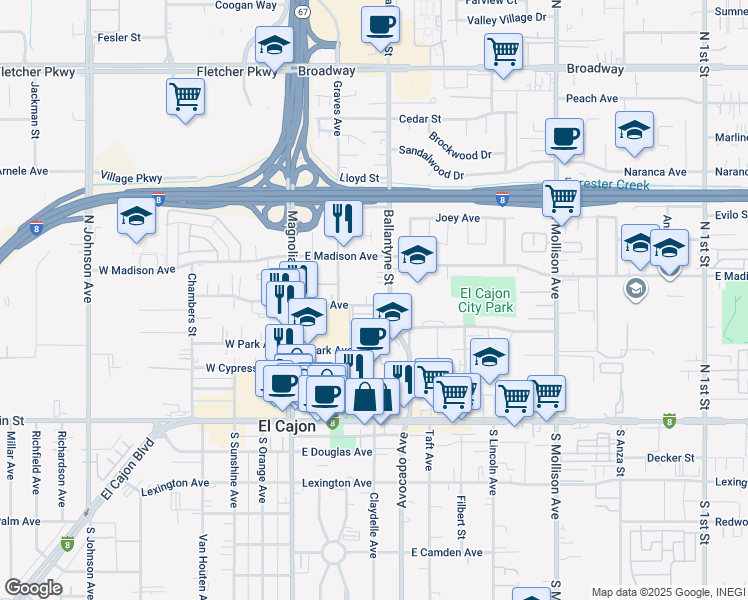 map of restaurants, bars, coffee shops, grocery stores, and more near 340 Wells Avenue in El Cajon