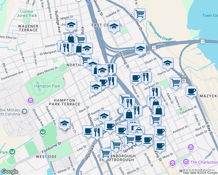 map of restaurants, bars, coffee shops, grocery stores, and more near in Charleston