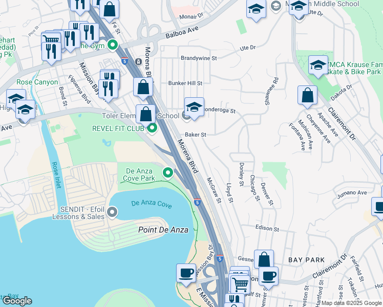map of restaurants, bars, coffee shops, grocery stores, and more near 3321 Morena Boulevard in San Diego