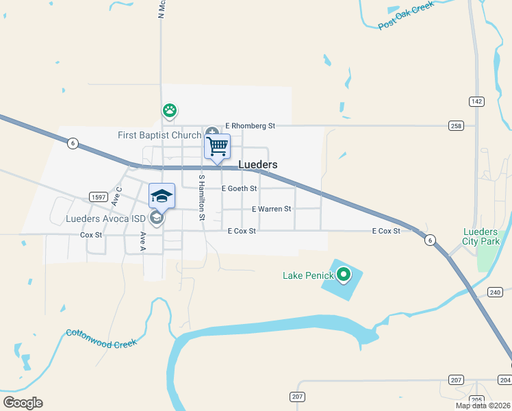 map of restaurants, bars, coffee shops, grocery stores, and more near 341 East Warren Street in Lueders