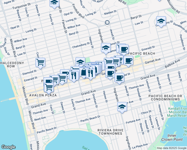 map of restaurants, bars, coffee shops, grocery stores, and more near 1400 Garnet Avenue in San Diego