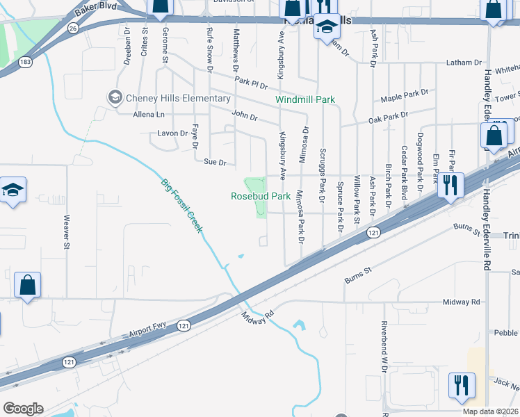 map of restaurants, bars, coffee shops, grocery stores, and more near 2600 Rosebud Lane in Richland Hills
