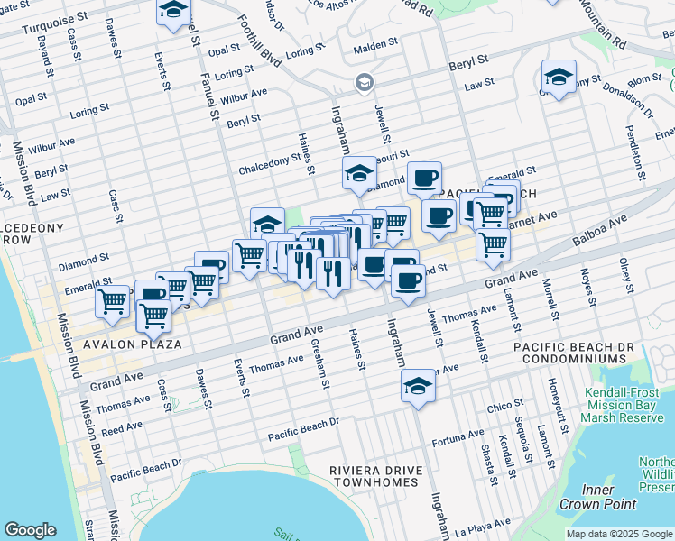 map of restaurants, bars, coffee shops, grocery stores, and more near Garnet Avenue & Haines Street in San Diego