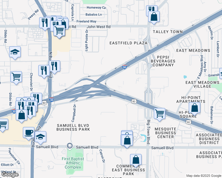 map of restaurants, bars, coffee shops, grocery stores, and more near 5247 U.S. 80 Frontage Road in Mesquite