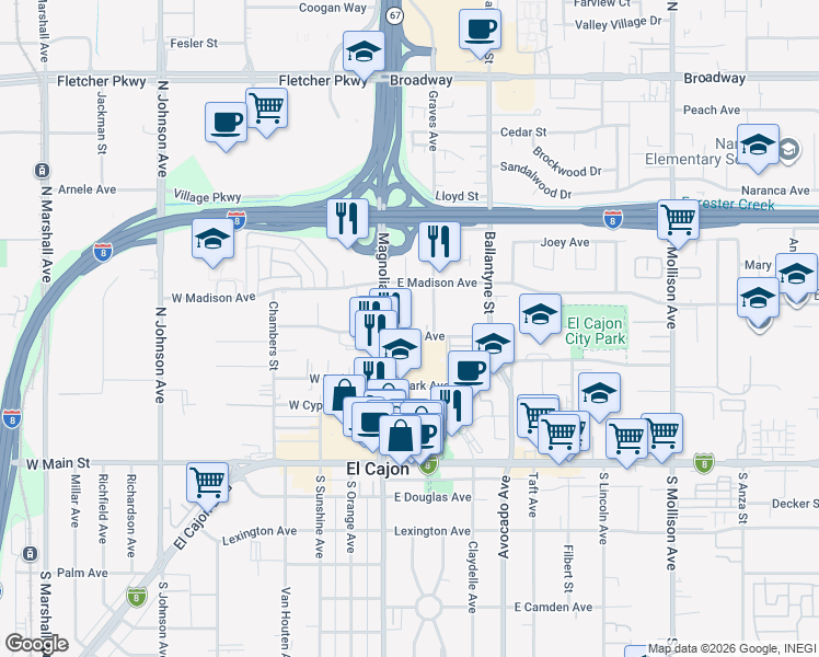 map of restaurants, bars, coffee shops, grocery stores, and more near 140 Wells Avenue in El Cajon