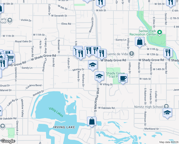 map of restaurants, bars, coffee shops, grocery stores, and more near 1426 Westwood Drive in Irving
