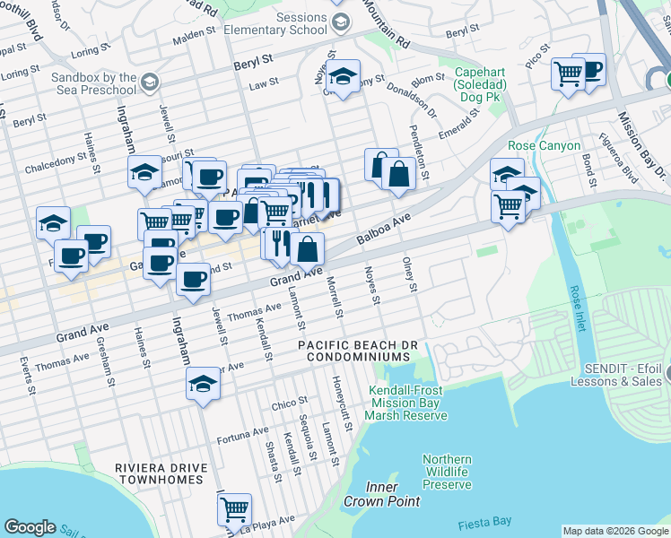 map of restaurants, bars, coffee shops, grocery stores, and more near 2009 Grand Avenue in San Diego