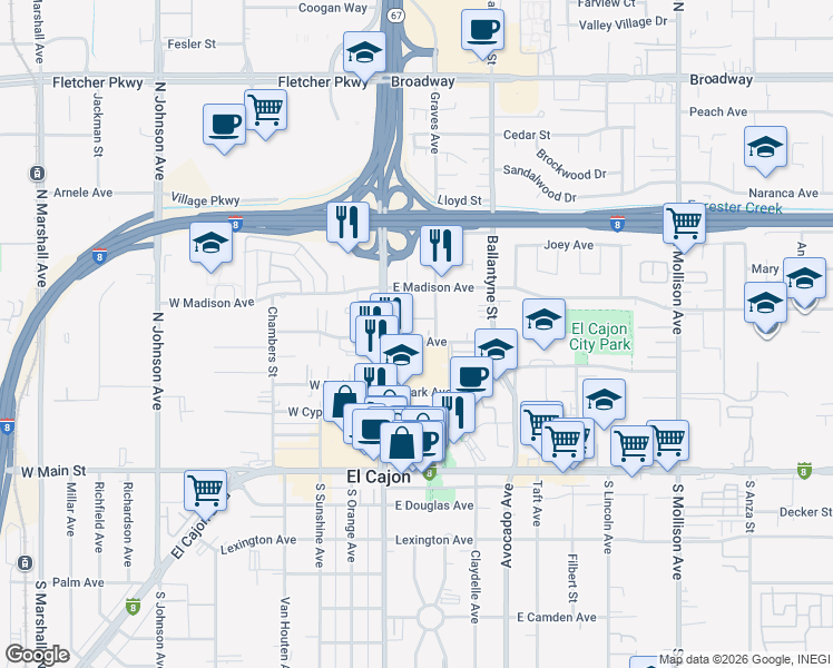 map of restaurants, bars, coffee shops, grocery stores, and more near 166 Wells Avenue in El Cajon