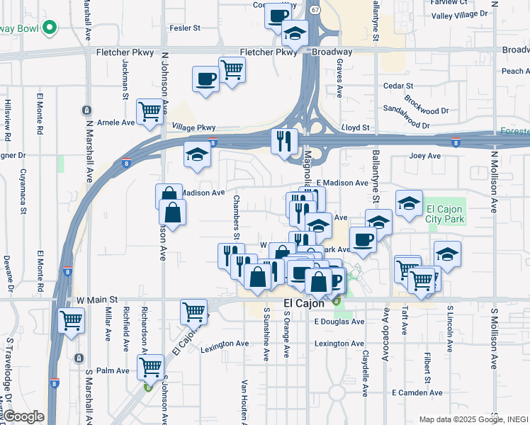 map of restaurants, bars, coffee shops, grocery stores, and more near 333 Wisconsin Avenue in El Cajon