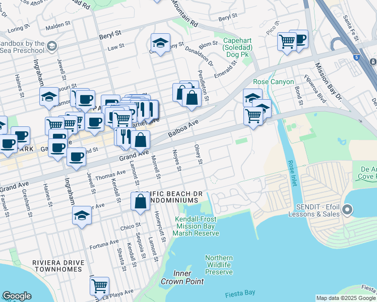 map of restaurants, bars, coffee shops, grocery stores, and more near 2157 Thomas Avenue in San Diego