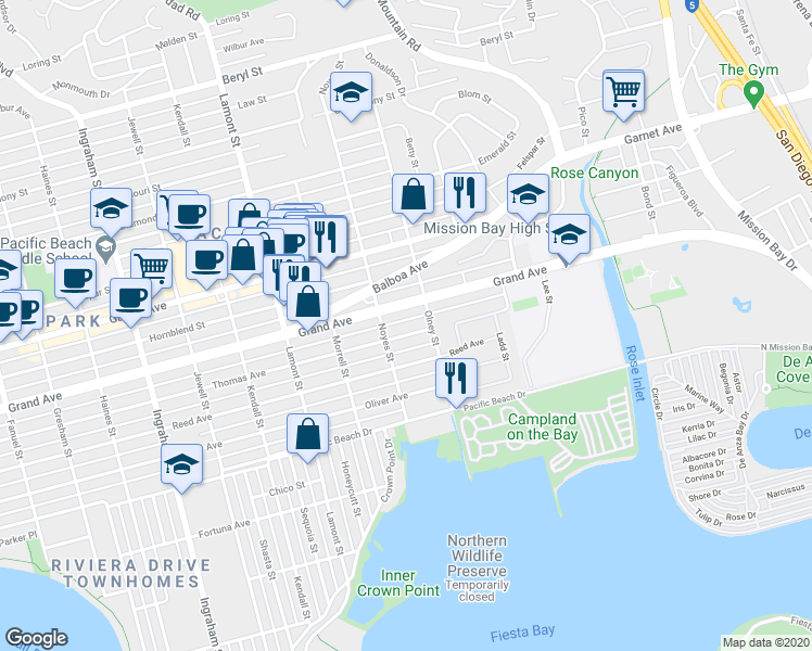 map of restaurants, bars, coffee shops, grocery stores, and more near 2157 Thomas Avenue in San Diego