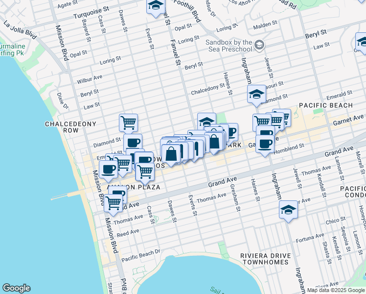 map of restaurants, bars, coffee shops, grocery stores, and more near 1227 Felspar Street in San Diego