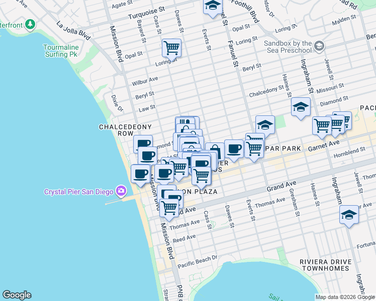 map of restaurants, bars, coffee shops, grocery stores, and more near in San Diego
