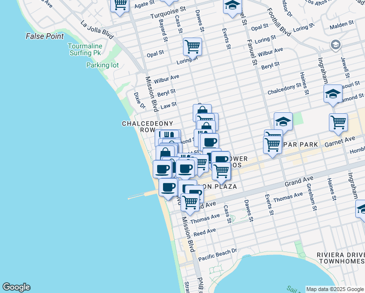 map of restaurants, bars, coffee shops, grocery stores, and more near 856 Emerald Street in San Diego