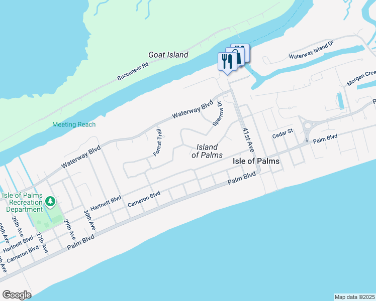 map of restaurants, bars, coffee shops, grocery stores, and more near 5 Forest Trail Court in Isle of Palms