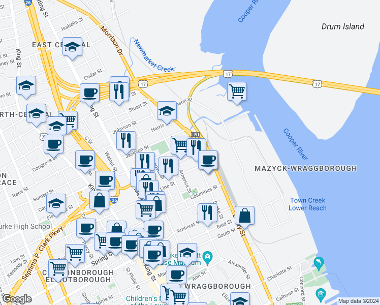 map of restaurants, bars, coffee shops, grocery stores, and more near 33 Cooper Street in Charleston