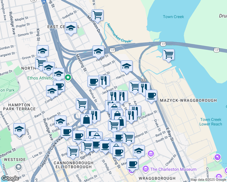 map of restaurants, bars, coffee shops, grocery stores, and more near 62 Lee Street in Charleston