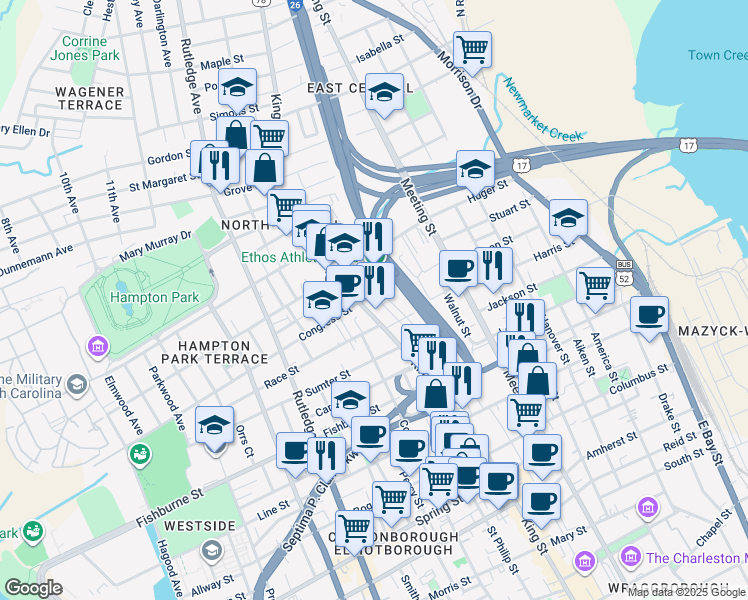 map of restaurants, bars, coffee shops, grocery stores, and more near in Charleston