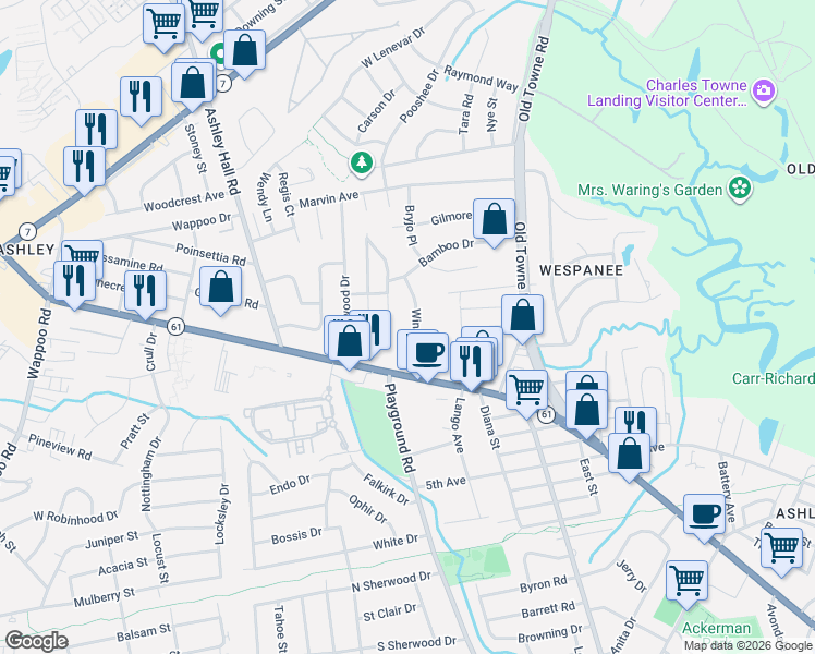 map of restaurants, bars, coffee shops, grocery stores, and more near 1225 Winston Street in Charleston