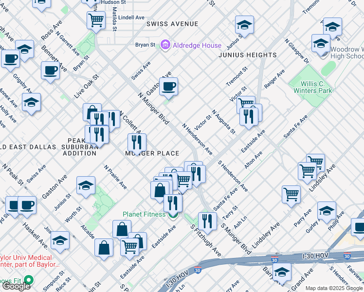 map of restaurants, bars, coffee shops, grocery stores, and more near 5119 Reiger Avenue in Dallas