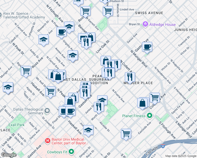 map of restaurants, bars, coffee shops, grocery stores, and more near 4803 Gaston Avenue in Dallas