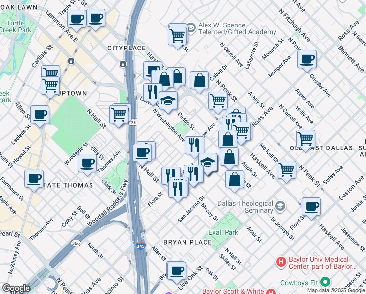 map of restaurants, bars, coffee shops, grocery stores, and more near 262 Wheatley Place in Dallas