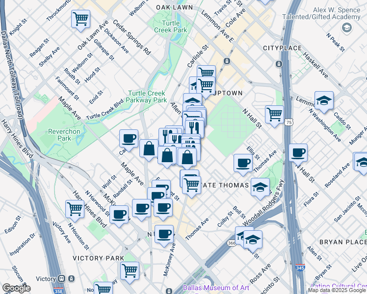 map of restaurants, bars, coffee shops, grocery stores, and more near 2714 Howell Street in Dallas