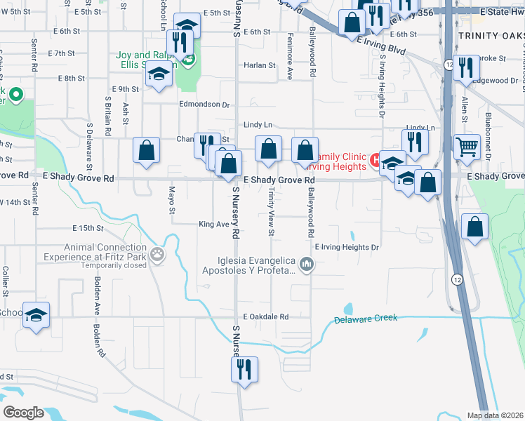 map of restaurants, bars, coffee shops, grocery stores, and more near 1401 Trinity View Street in Irving