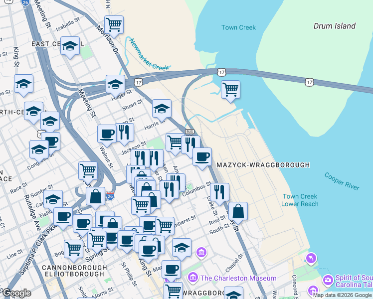 map of restaurants, bars, coffee shops, grocery stores, and more near 33 Cooper Street in Charleston