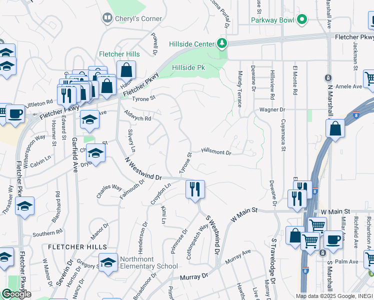 map of restaurants, bars, coffee shops, grocery stores, and more near 406 Tyrone Street in El Cajon