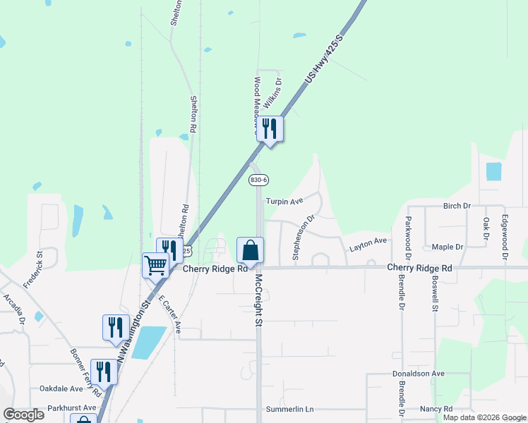 map of restaurants, bars, coffee shops, grocery stores, and more near 5665 Matheny Avenue in Bastrop