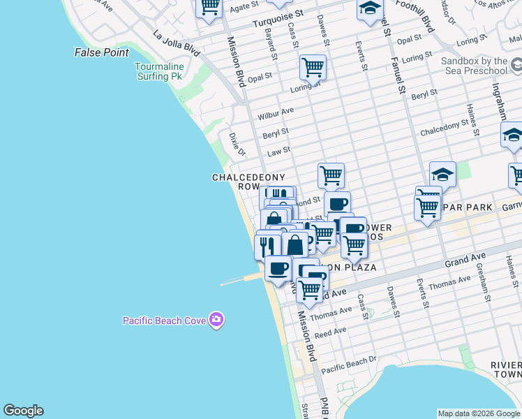 map of restaurants, bars, coffee shops, grocery stores, and more near 708 Diamond Street in San Diego