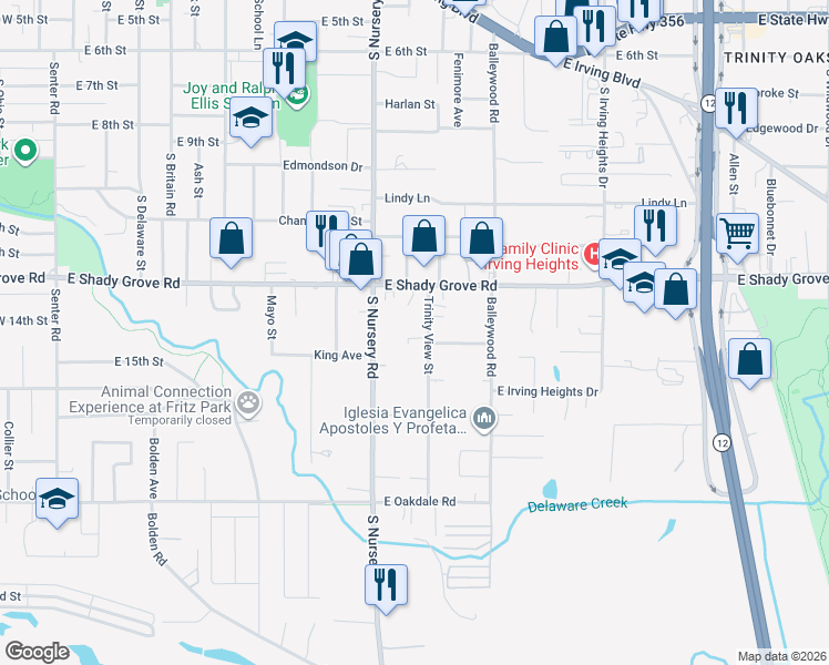 map of restaurants, bars, coffee shops, grocery stores, and more near 1401 Trinity View Street in Irving