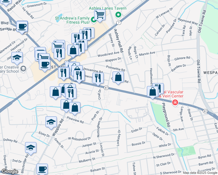 map of restaurants, bars, coffee shops, grocery stores, and more near 75538 Ashley River Road in Charleston