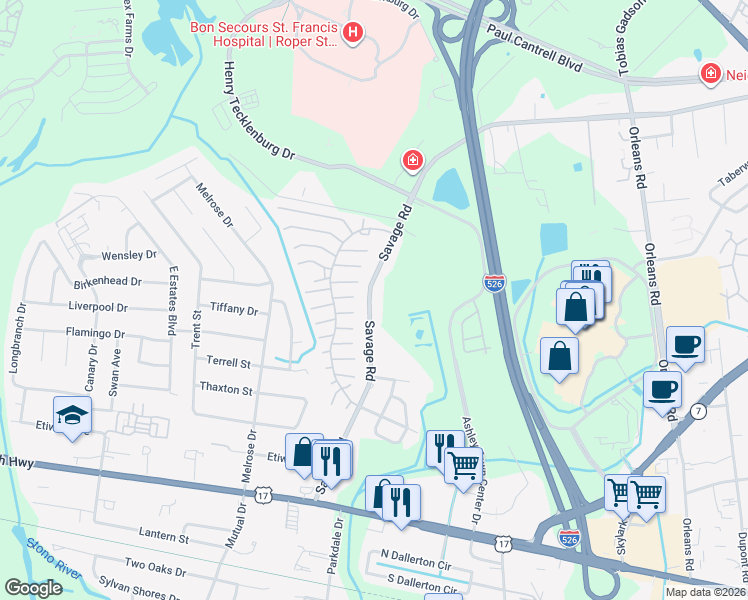 map of restaurants, bars, coffee shops, grocery stores, and more near 843 Savage Road in Charleston