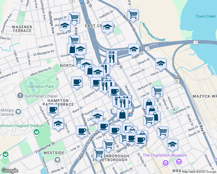 map of restaurants, bars, coffee shops, grocery stores, and more near 99 F Street in Charleston