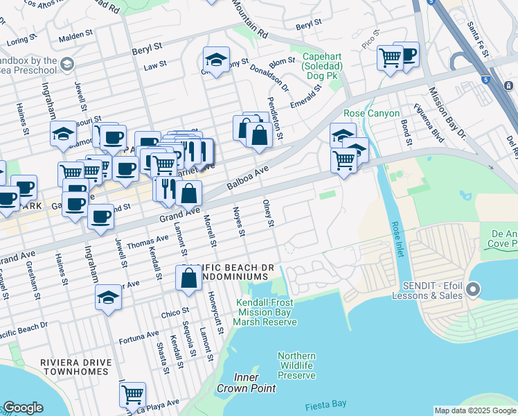 map of restaurants, bars, coffee shops, grocery stores, and more near 2157 Thomas Avenue in San Diego