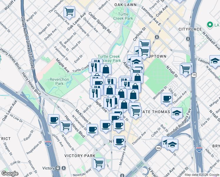 map of restaurants, bars, coffee shops, grocery stores, and more near 2650 Cedar Springs Road in Dallas