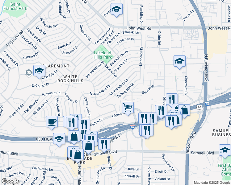 map of restaurants, bars, coffee shops, grocery stores, and more near 8434 Bellingham Drive in Dallas