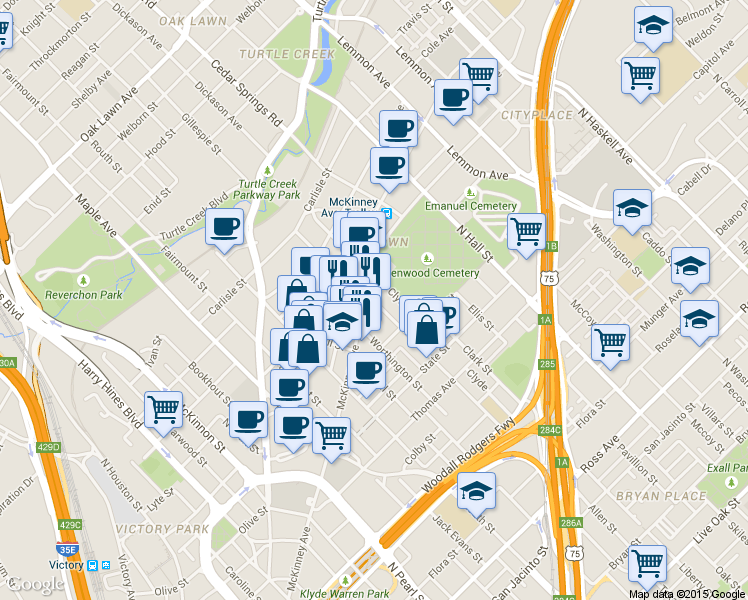 map of restaurants, bars, coffee shops, grocery stores, and more near 2640 Allen Street in Dallas