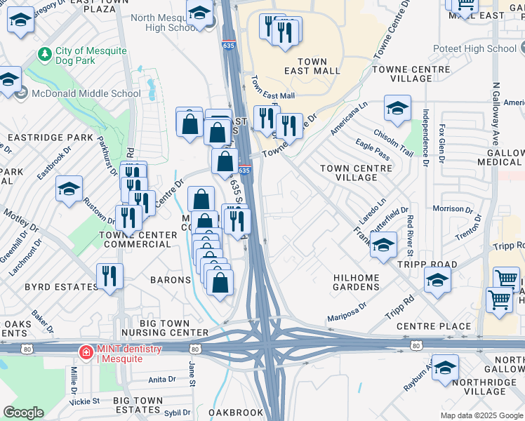map of restaurants, bars, coffee shops, grocery stores, and more near 19200 Lyndon B Johnson Fwy in Mesquite