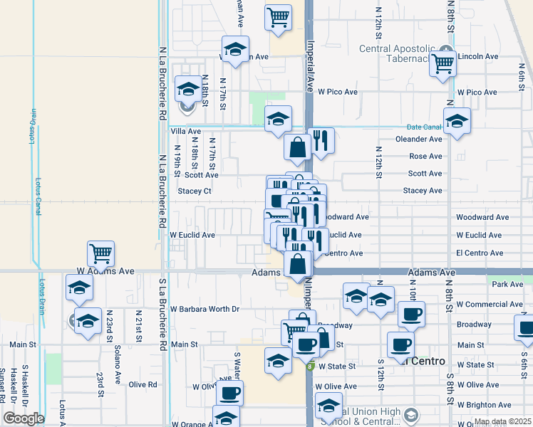 map of restaurants, bars, coffee shops, grocery stores, and more near 1620 West Euclid Avenue in El Centro