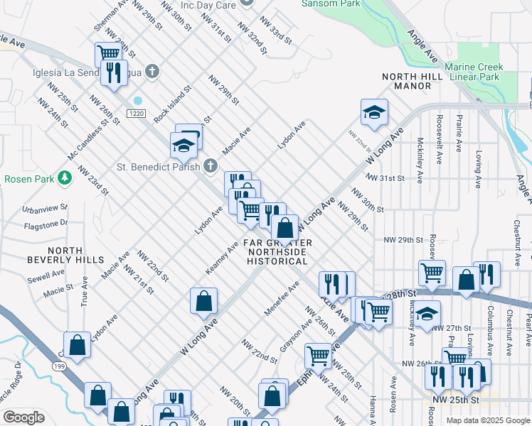map of restaurants, bars, coffee shops, grocery stores, and more near 2698 Kearney Avenue in Fort Worth