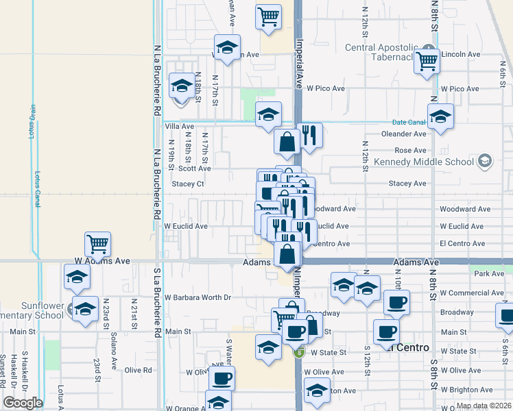 map of restaurants, bars, coffee shops, grocery stores, and more near 1620 West Euclid Avenue in El Centro