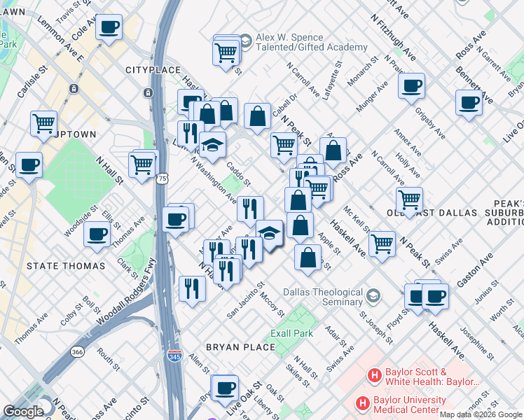 map of restaurants, bars, coffee shops, grocery stores, and more near in Dallas