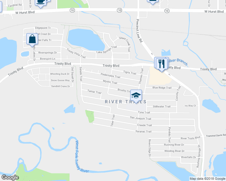 map of restaurants, bars, coffee shops, grocery stores, and more near 8712 Brushy Creek Trail in Fort Worth