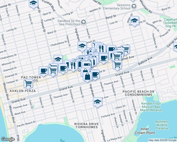 map of restaurants, bars, coffee shops, grocery stores, and more near in San Diego