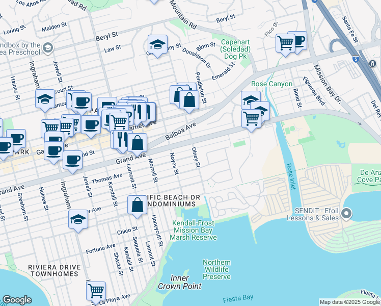 map of restaurants, bars, coffee shops, grocery stores, and more near 2168 Thomas Avenue in San Diego