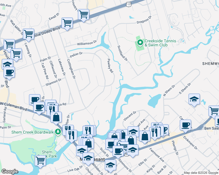 map of restaurants, bars, coffee shops, grocery stores, and more near 1060 Meader Lane in Mount Pleasant